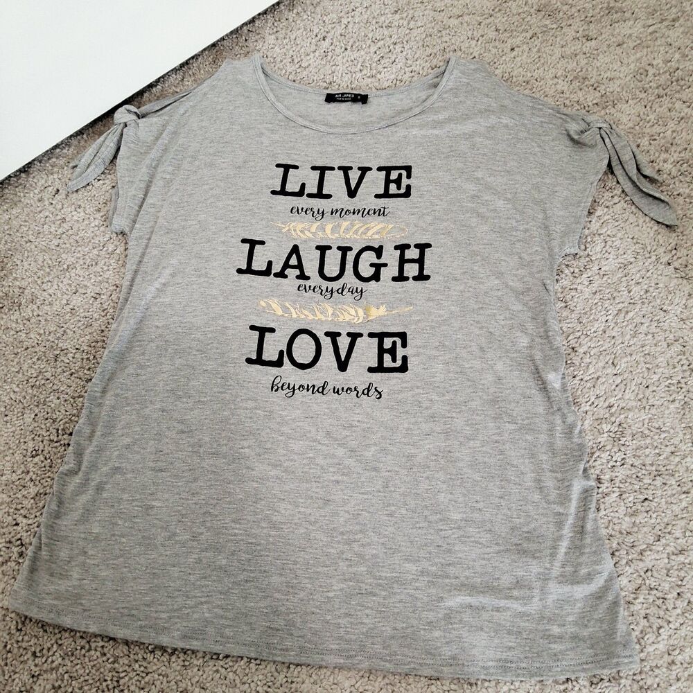 Ava James Heather Gray Cold-Shoulder Live Laugh Love Graphic T-shirt Size Medium